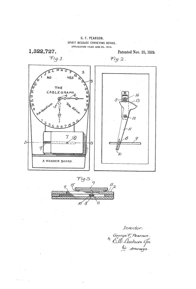 US 1,322,727, Spirit-Message-Conveying Device, sheet 1