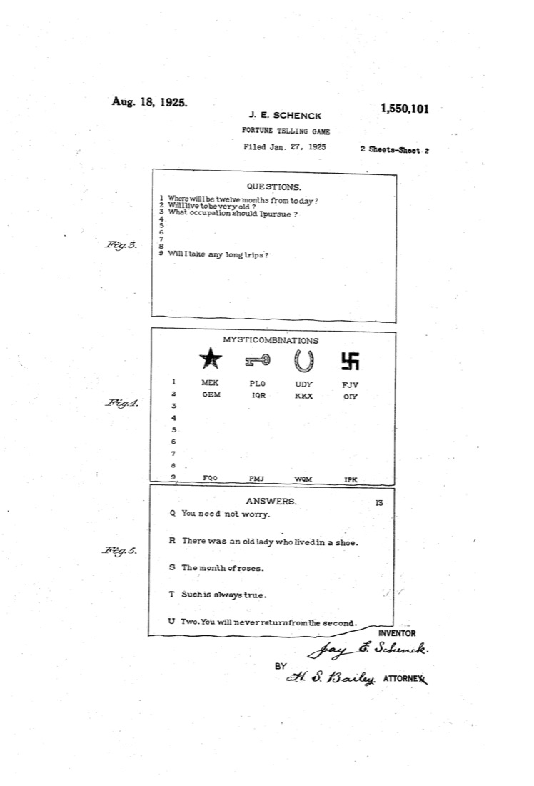 US 1,550,101, Fortune-Telling Game, sheet 2