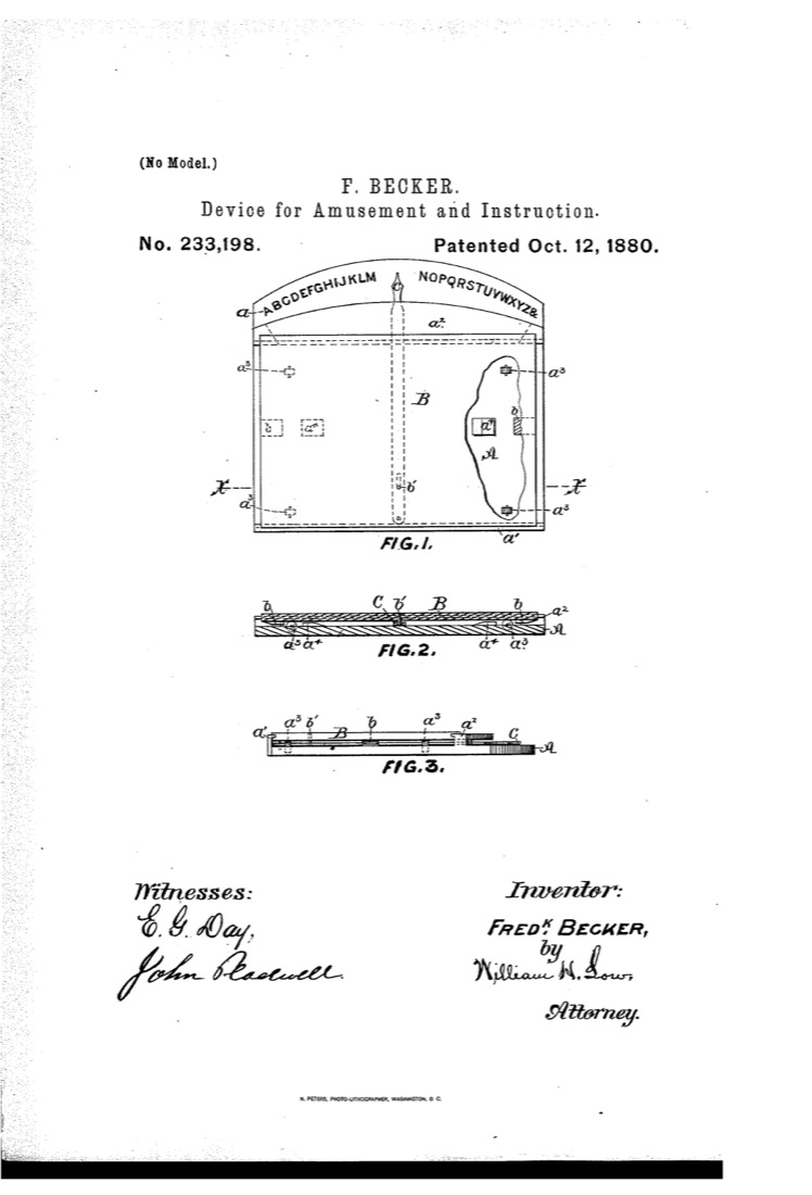 US 233,198, Device for Amusement and Instruction, sheet 1