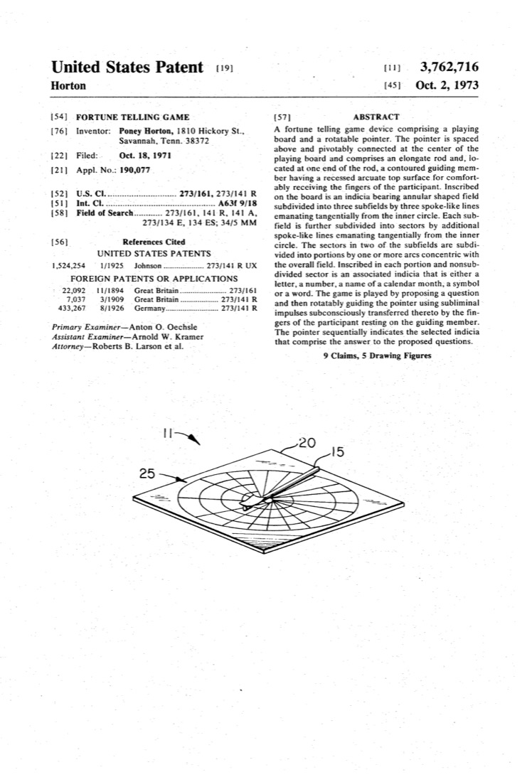 US 3,762,716, Fortune Telling Game, sheet 1
